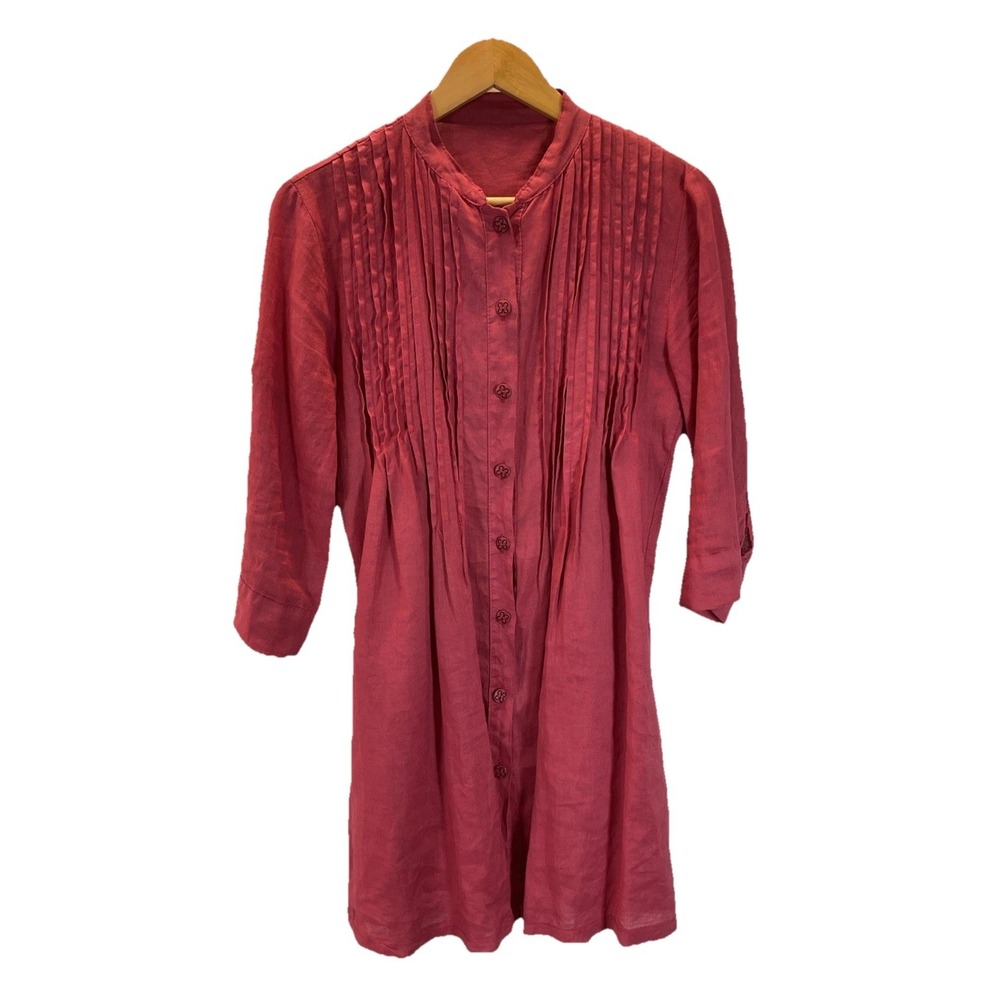 Made In Italy 100% Linen Shirt Dress Roll Tab pin tucked 3/4 slv Clay Rose‎ SP